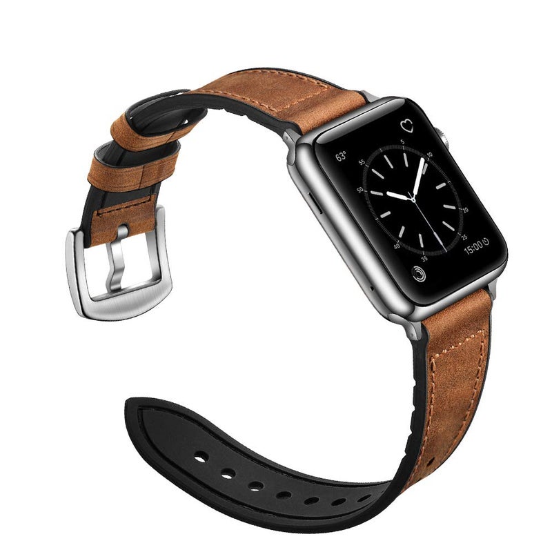 OUHENG Compatible with Apple Watch Band 45mm 44mm 42mm, Sweatproof Genuine Leather and Rubber Hybrid Band Strap Compatible with iWatch Series 7 6 5 4 3 2 1 SE, Brown Band with Silver Adapter - Image 3